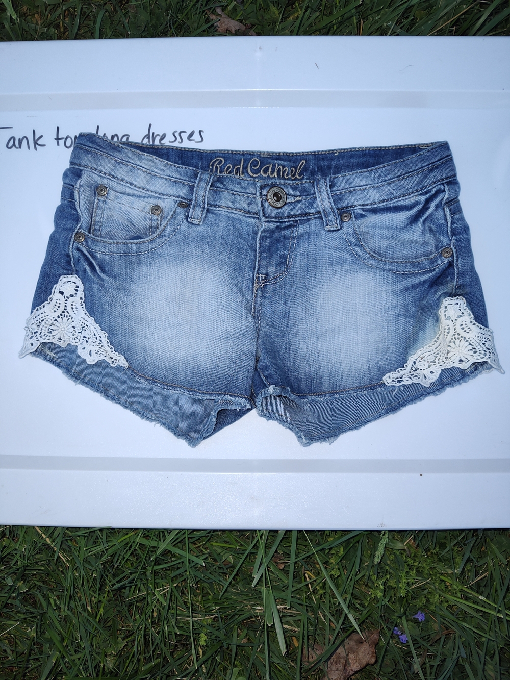 Red Camel Blue Washed Low Rise Waist Denim Shorts with White Crochet Accents